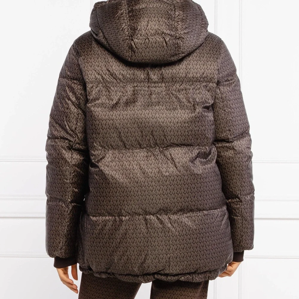 Michael Kors MK Monogram Dark Brown Reversible Puffer Jacket With Gold Hardware